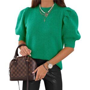 Women's Puff Short Sleeve Sweater Tops Trendy Knit Crew Neck Green S-M-L-XL